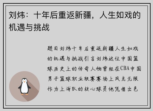 刘炜：十年后重返新疆，人生如戏的机遇与挑战
