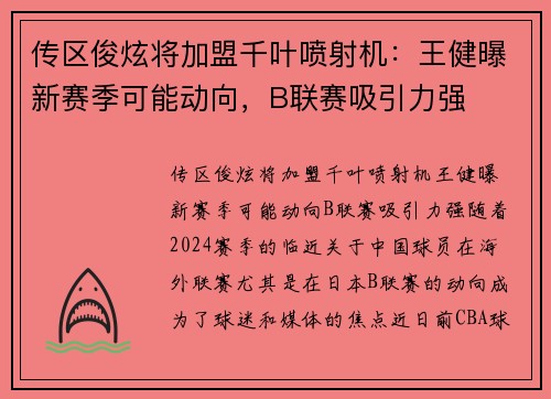 传区俊炫将加盟千叶喷射机：王健曝新赛季可能动向，B联赛吸引力强