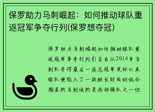 保罗助力马刺崛起：如何推动球队重返冠军争夺行列(保罗想夺冠)