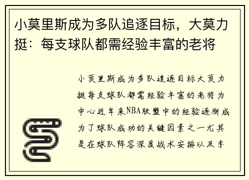 小莫里斯成为多队追逐目标，大莫力挺：每支球队都需经验丰富的老将