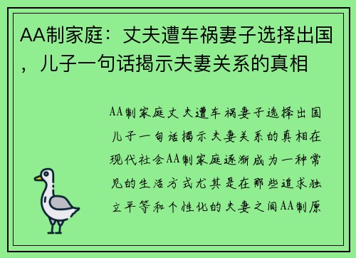 AA制家庭：丈夫遭车祸妻子选择出国，儿子一句话揭示夫妻关系的真相