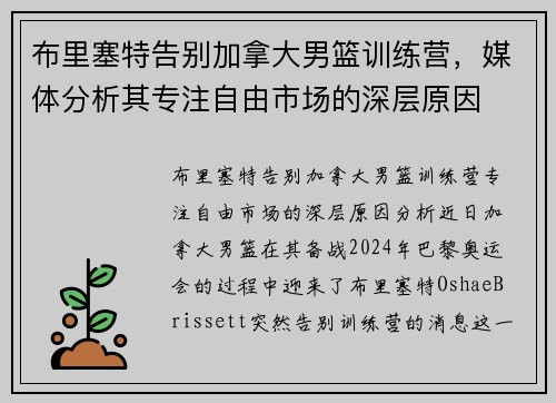 布里塞特告别加拿大男篮训练营,媒体分析其专注自由市场的深层原因