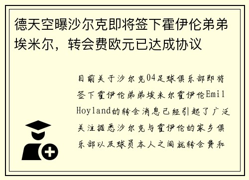 德天空曝沙尔克即将签下霍伊伦弟弟埃米尔，转会费欧元已达成协议