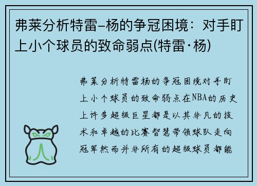 弗莱分析特雷-杨的争冠困境：对手盯上小个球员的致命弱点(特雷·杨)