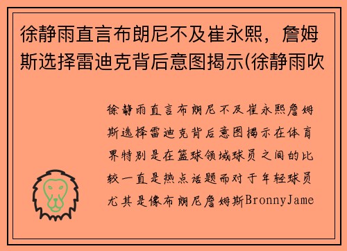 徐静雨直言布朗尼不及崔永熙，詹姆斯选择雷迪克背后意图揭示(徐静雨吹詹姆斯)