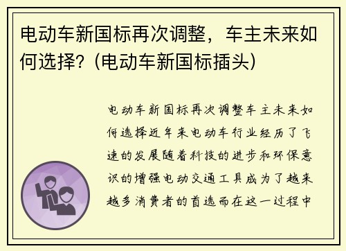 电动车新国标再次调整，车主未来如何选择？(电动车新国标插头)