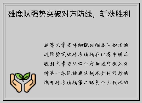 雄鹿队强势突破对方防线，斩获胜利