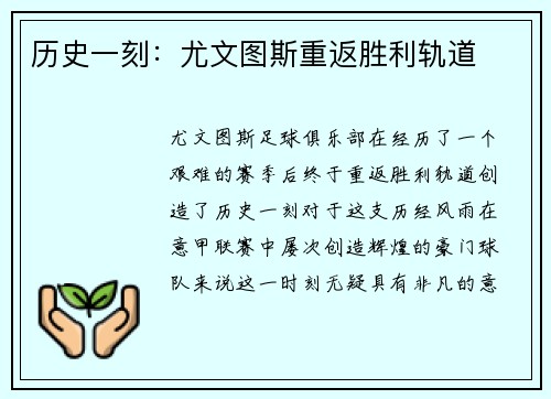 历史一刻：尤文图斯重返胜利轨道