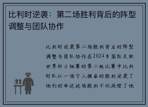 比利时逆袭：第二场胜利背后的阵型调整与团队协作
